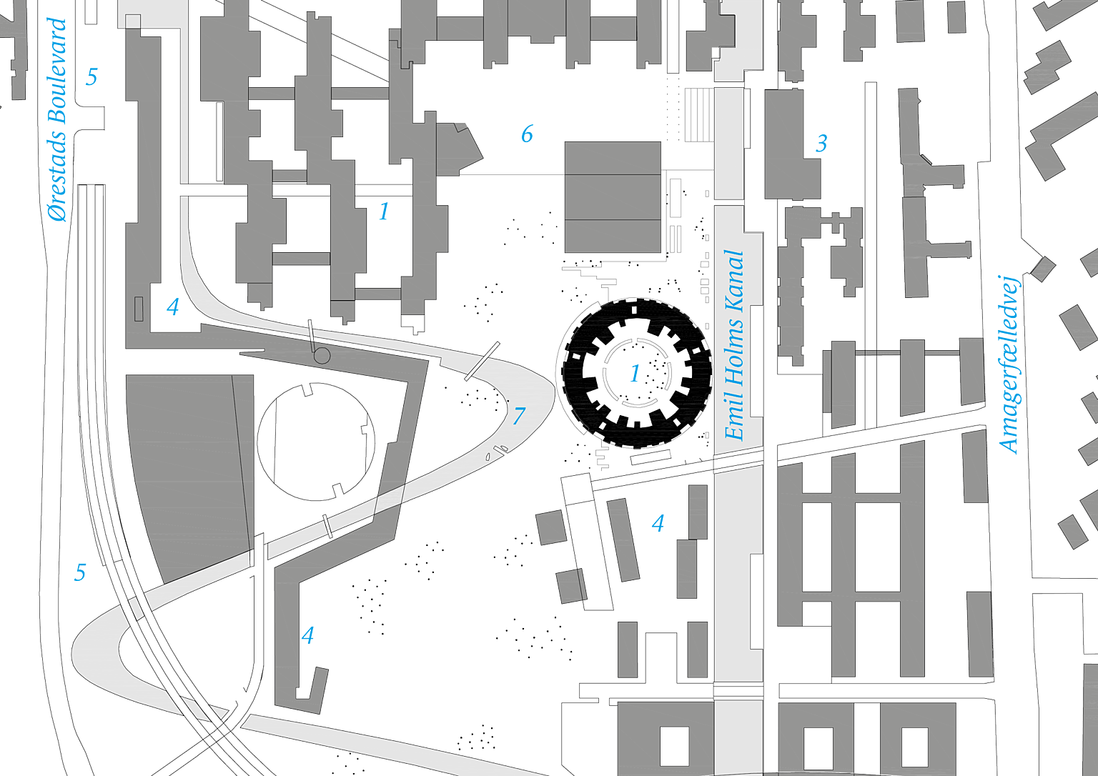 Situasjonsplan. 1. Tietgenkollegiet. 2. Det Kongelige Bibliotek. 3. Københavns Universitet. 4. Boliger. 5. Metro. 6. Universitetsplassen. 7. Landskapskanal.
