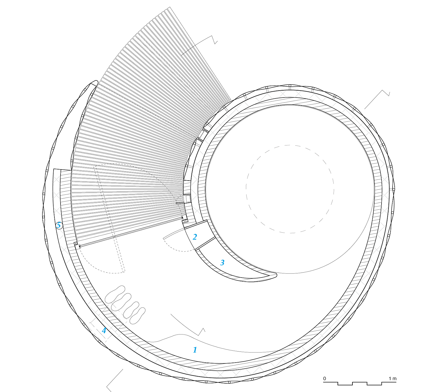 Plan. 1. Benk, 2. Teknisk skap, 3. Hulrom for føringer, 4. Ventilasjon, 5. Nedløp.