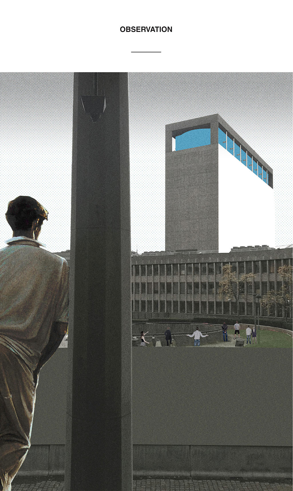 Observation
Høyblokka is still part of the landscape of Oslo but it no longer holds the same place. The disaster has led it to a complete silence. Høyblokka, symbol of a powerful modern architecture, has been shaken. To hide this extreme fragility, the authorities have totally covered it with a huge canvas, which was supposed to only be temporary. A long period followed this dramatic event, during which architects, public authorities, urban planners and philosophers have discussed Høyblokka’s future. Away from those bogged-down debates, the inhabitants of Oslo are noticing that the paradox between the monumentality of Høyblokka and its profound fragility is getting worse. An enigmatic atmosphere now surrounds that former glory. Foto: Alex Perret and Ugo Ribeiro, architectes DE