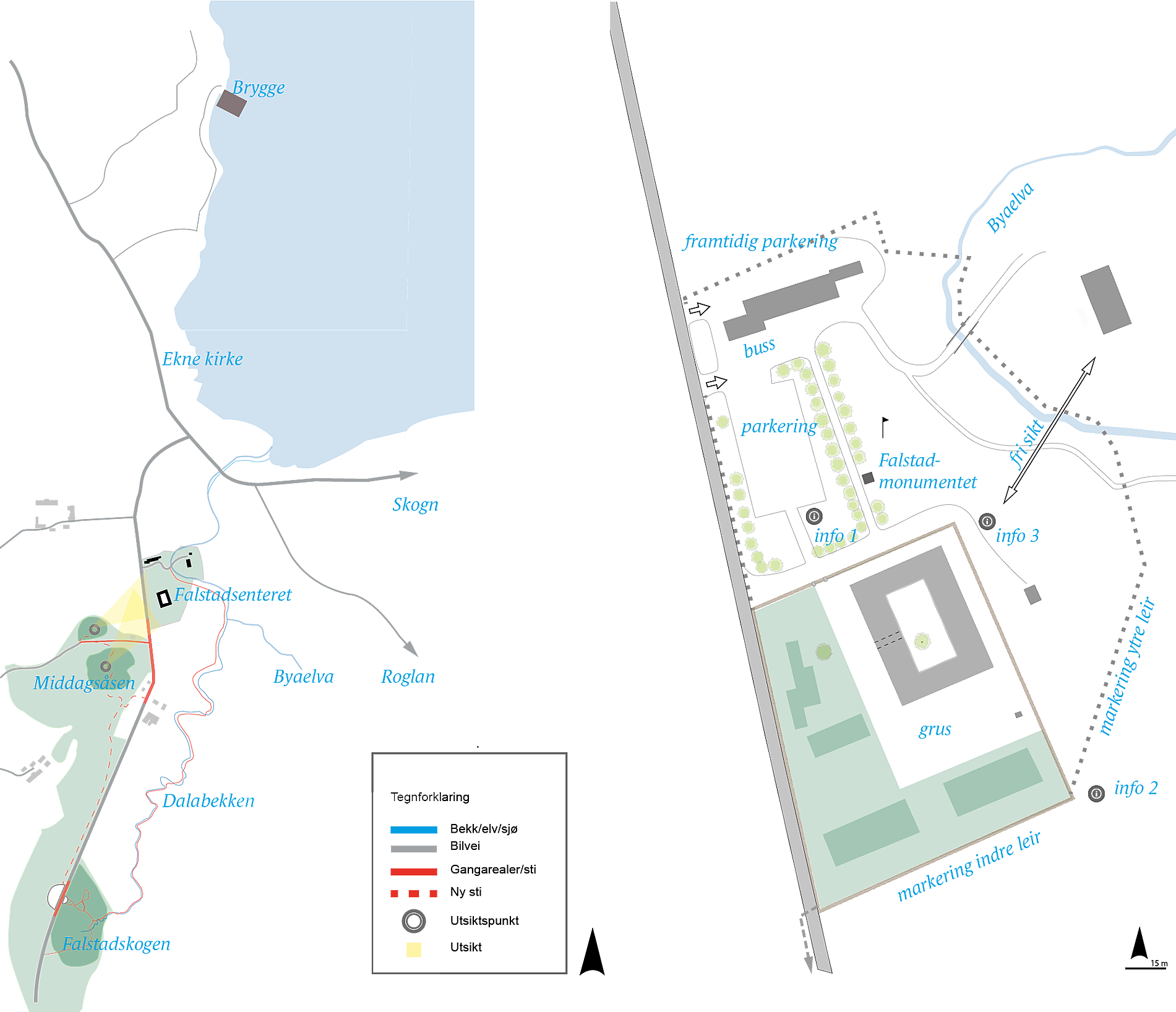 Falstad indre, ytre leir og omliggende landskap, tegnet i forbindelse med prosjektet ”Strategisk landskapsplan for uteområde på Falstad”, Institutt for landskapsplanlegging, UMB 2013.