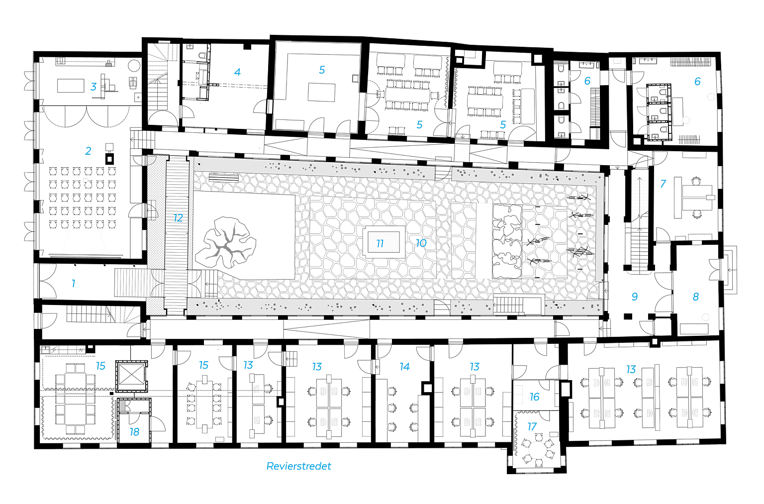 Plan 1. etasje. 1. Portrom, 2.Fellesrom, 3. Verksted, 4. Kjøkken, 5. Kantine, 6. Garderobe, 7. Resepsjon, 8. Entré, 9. Hall, 10. Hage, 11.Brønn, 12. Glassgang, 13. Kontor, 14. Fleksible plasser, 15. Møterom, 16. Kopirom, 17. Stillerom, 18. Lager.