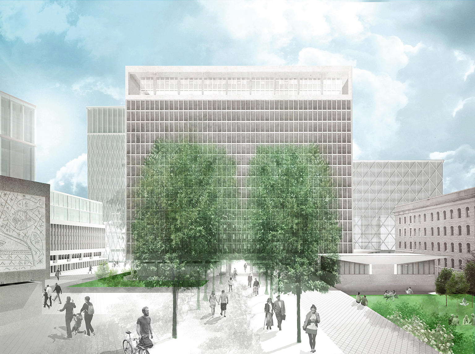 Team AHO: Høyblokka. Bevaring av de historiske bygningene aktiviserer området, og optimaliserer de eksisterende ressursene og reduserer byggeperioden, mener team AHO. Foto: Team AHO