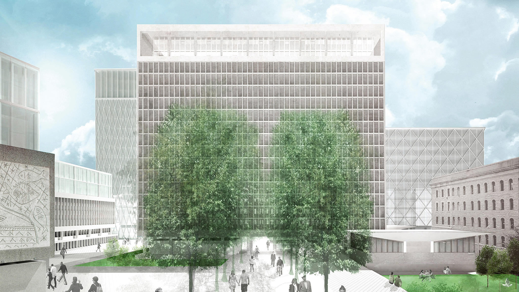 Team AHO: Høyblokka. Bevaring av de historiske bygningene aktiviserer området, og optimaliserer de eksisterende ressursene og reduserer byggeperioden, mener team AHO. Foto: Team AHO