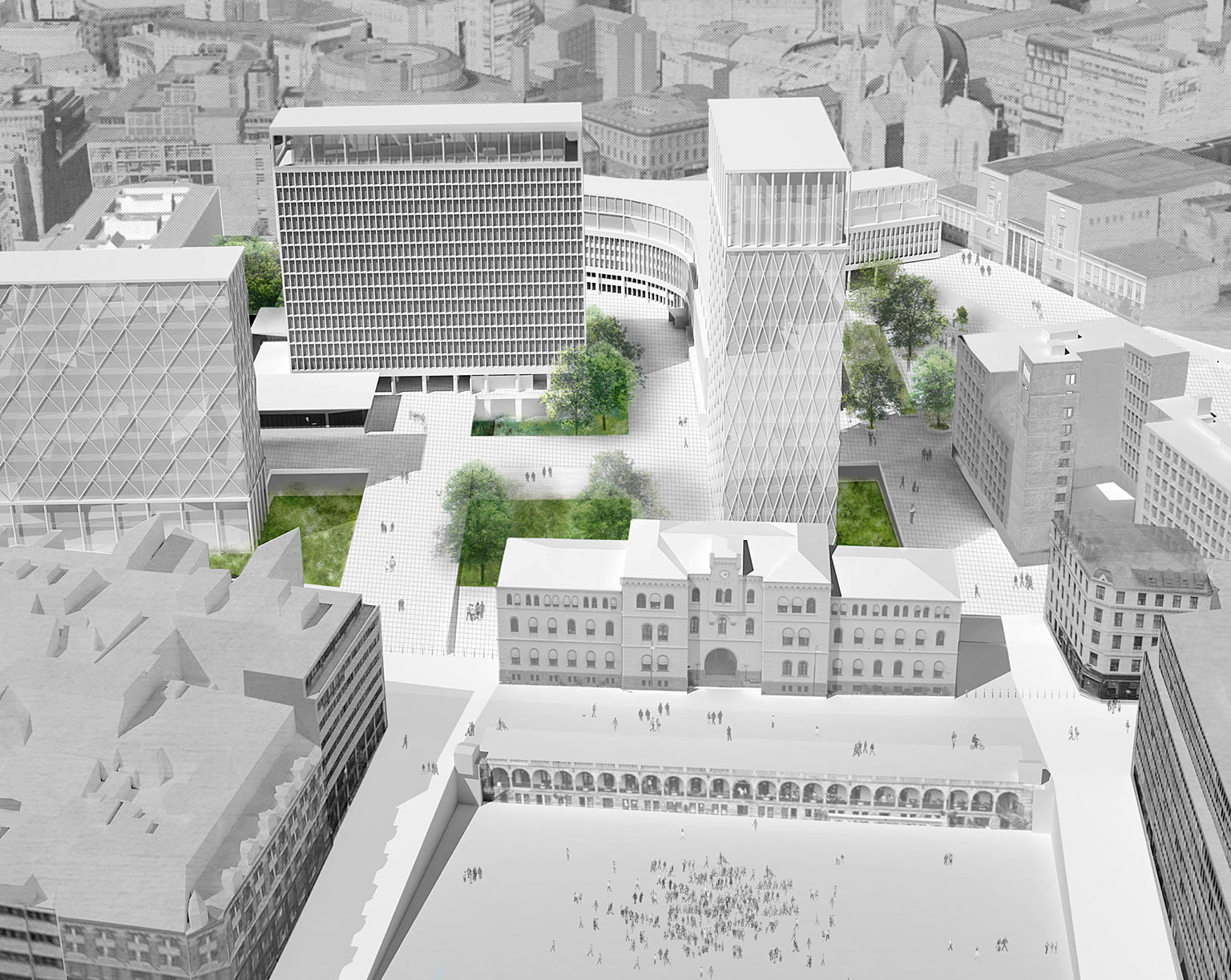 Team AHO: Oversiktsperspektiv. Team AHO er de eneste som har foreslått å bevare Y-blokka. Foto: Team AHO