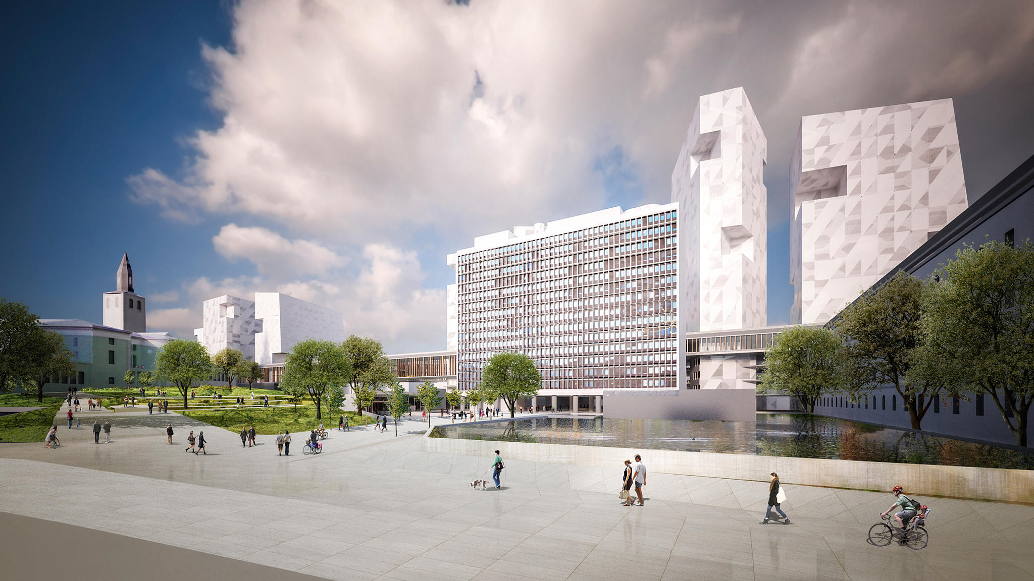 Team LPO: Perspektiv fra Akersgata. Den klare avgrensningen mellom park og bebyggelse er et hovedprinsipp i forslaget. Foto: Team LPO