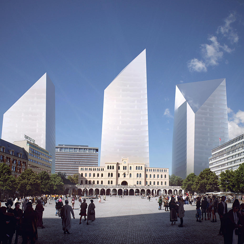 Team Snøhetta: Perspektiv fra Youngstorget. Snøhetta foreslår at Youngstorget blir den nye inngangen til Regjeringskvartalet. Foto: Team Snøhetta