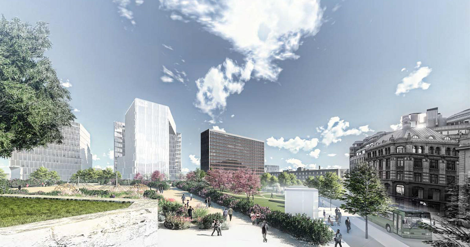 Team Asplan Viak: Hovedgrepet med Byhagen på den rekonstruerte Akersryggen, sett fra Trefoldighetskirken. Foto: Team Asplan Viak