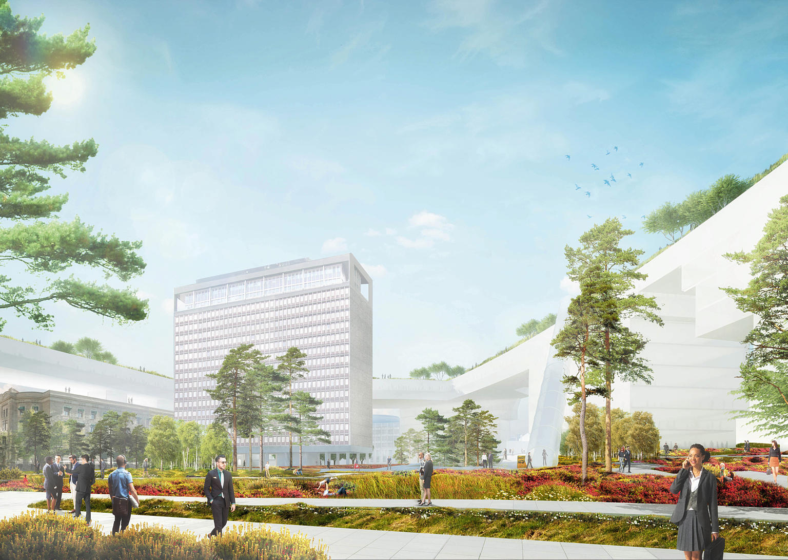 Team MVRDV: “Den norske hagen”. Hagen foreslås beplantet med “arter hentet fra norske landskap, både gresstyper og lyng, trær og busker, mose og lav, og med innslag av stein og sva, bjørk og bær og blomster”, sier Team MVRDV. “...et svaberg kan fungere som lekeplass, en furuskog med skogbunn av mose kan fylle en lyssjakt hvor ferdsel ikke skal skje. En lund av kirsebærtrær representerer Vestlandets fruktproduksjon...” Foto: Team MVRDV