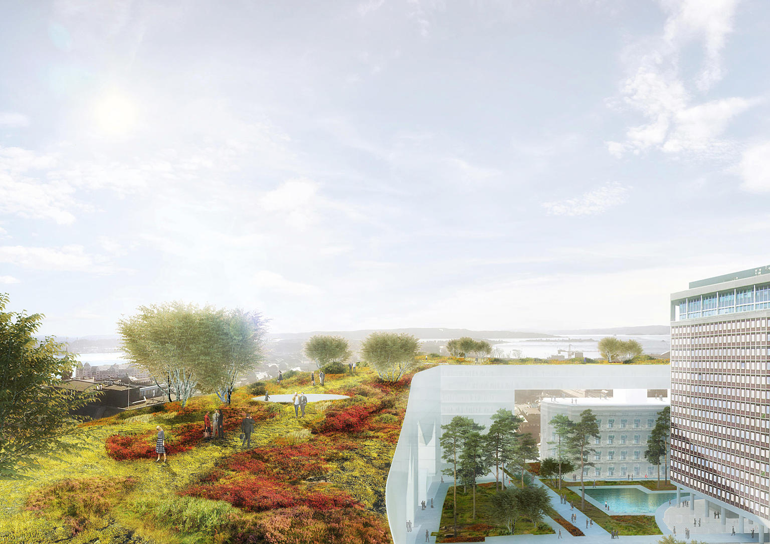 Team MVRDV. På toppen av Team MVRDVs samlende ring, på “ministeriets skywalk”, er det foreslått en takhage, beplantet med “bjørk og lave nåletrær, og gress og ville bærbusker. Det er et sted for avkopling, møter, og utsyn over bytakene mot fjorden og åsene rundt.” Foto: Team MVRDV