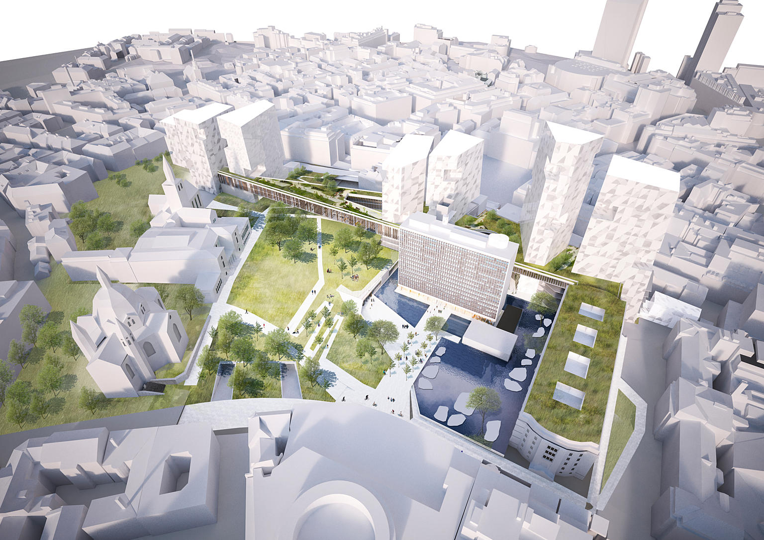 Team LPO legger grønt tak på hele sin store Campus, forbindelseselementet mellom kontorbyggene. Det grønne taket strekkes også ut over Finansdepartementets bygning fra 1904. Foto: Team LPO