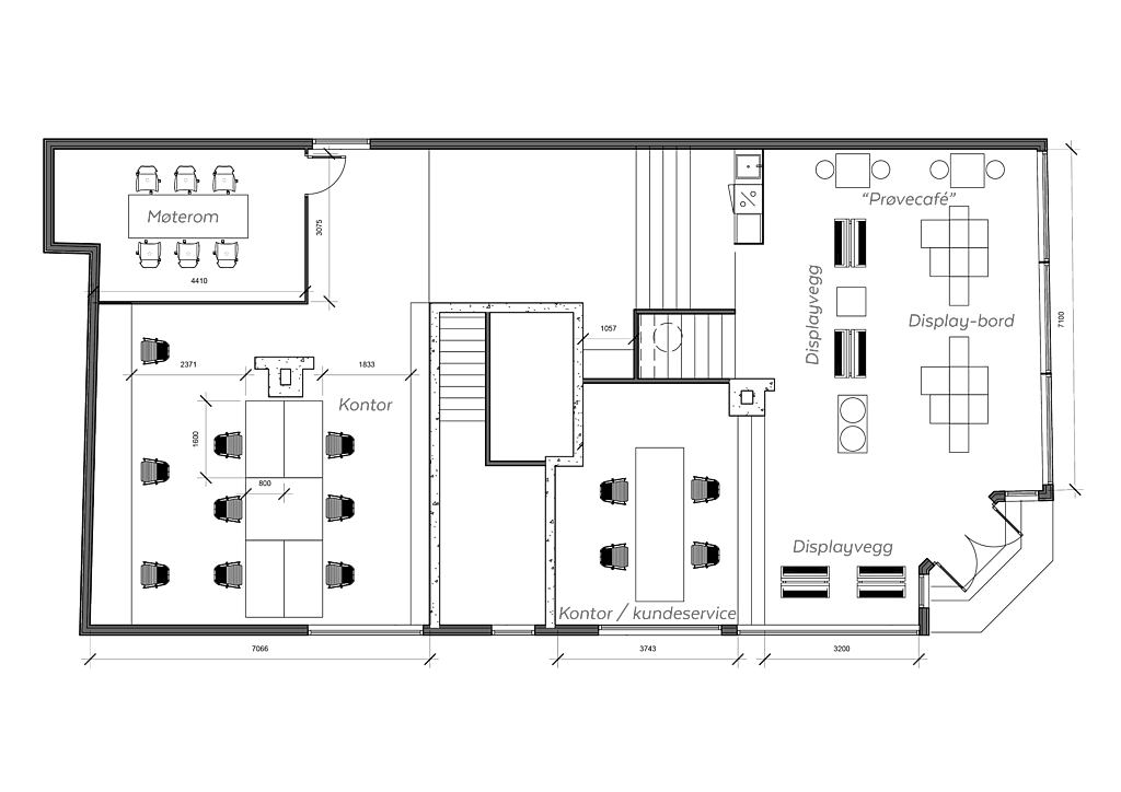 Plan over butikken. Innredningen er fleksibel og har blitt endret noe fra denne tegningen.