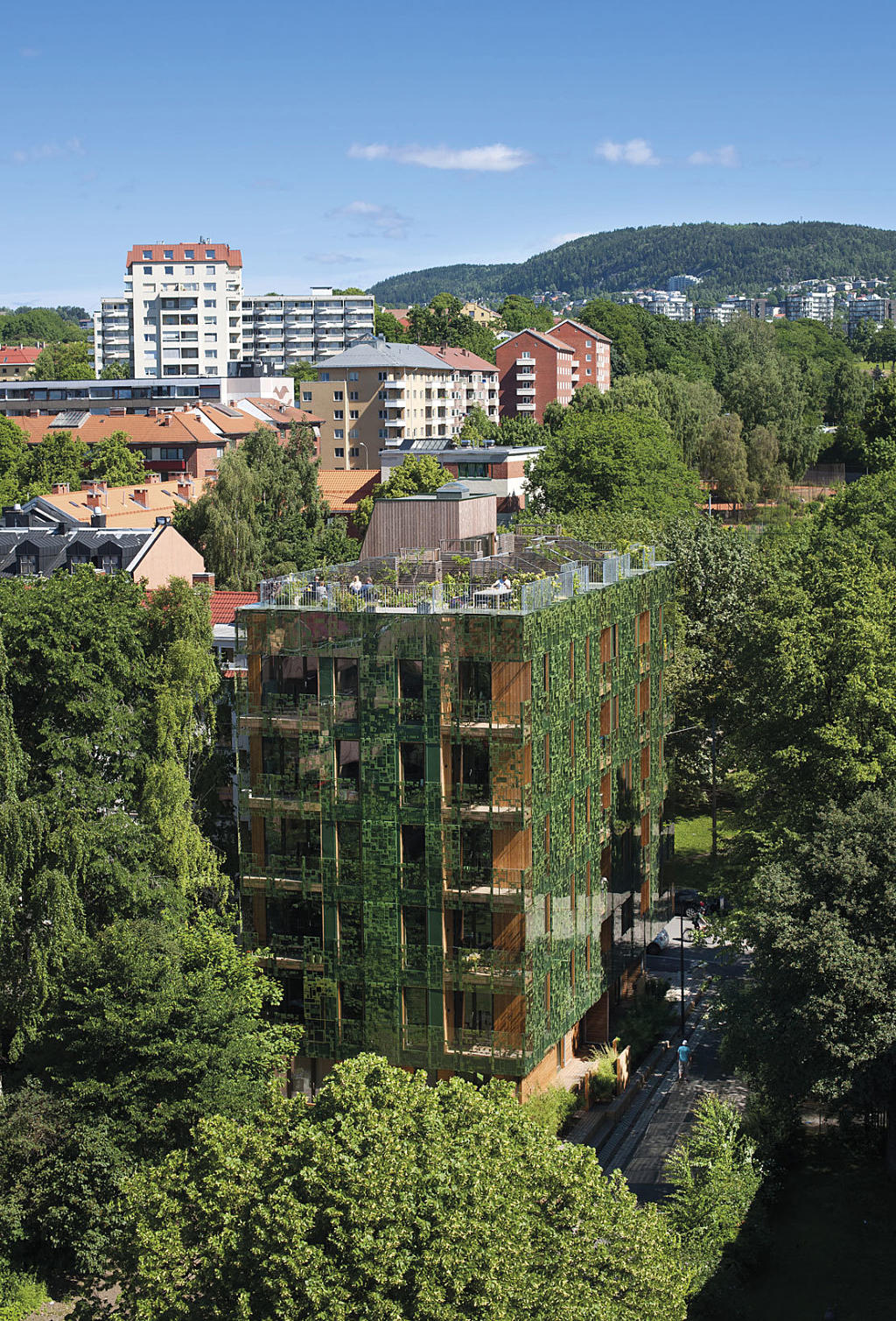 – Den grønne fasaden erstatter trærne som sto her før, sier Vidar Knutsen, Element Arkitekter. Takhagene er både fellesområder og private, grønne rom i byen. 