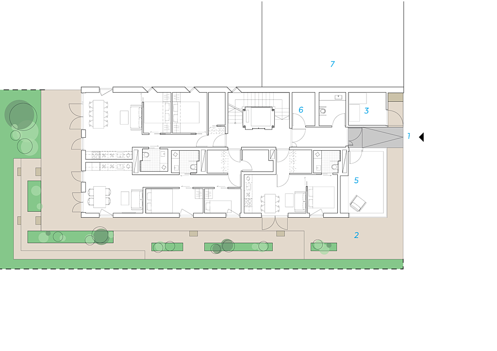 Grunnplan, 1. et. 1. Hovedinngang, 2. Dekke, 3. Avfall, 4. Gangsti, 5. Næring (Dundas Footwere), 6. Lager næring, 7. Nabohus.