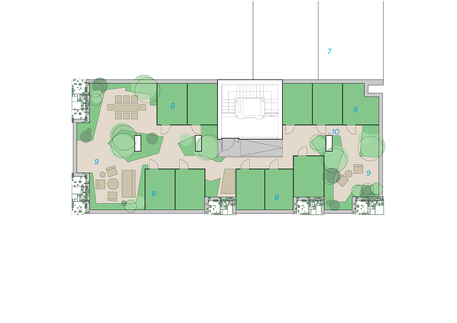 Takplan, takhager. 7. Nabohus, 8. Private allotments, 9. Communal areas, 10. Shower.