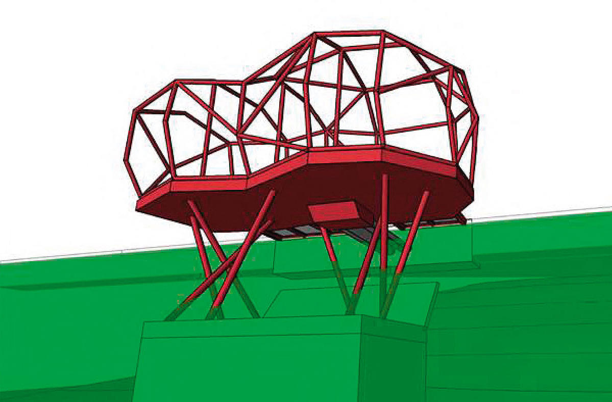 3D-modell av toalettbyggets konstruksjon og fundament.