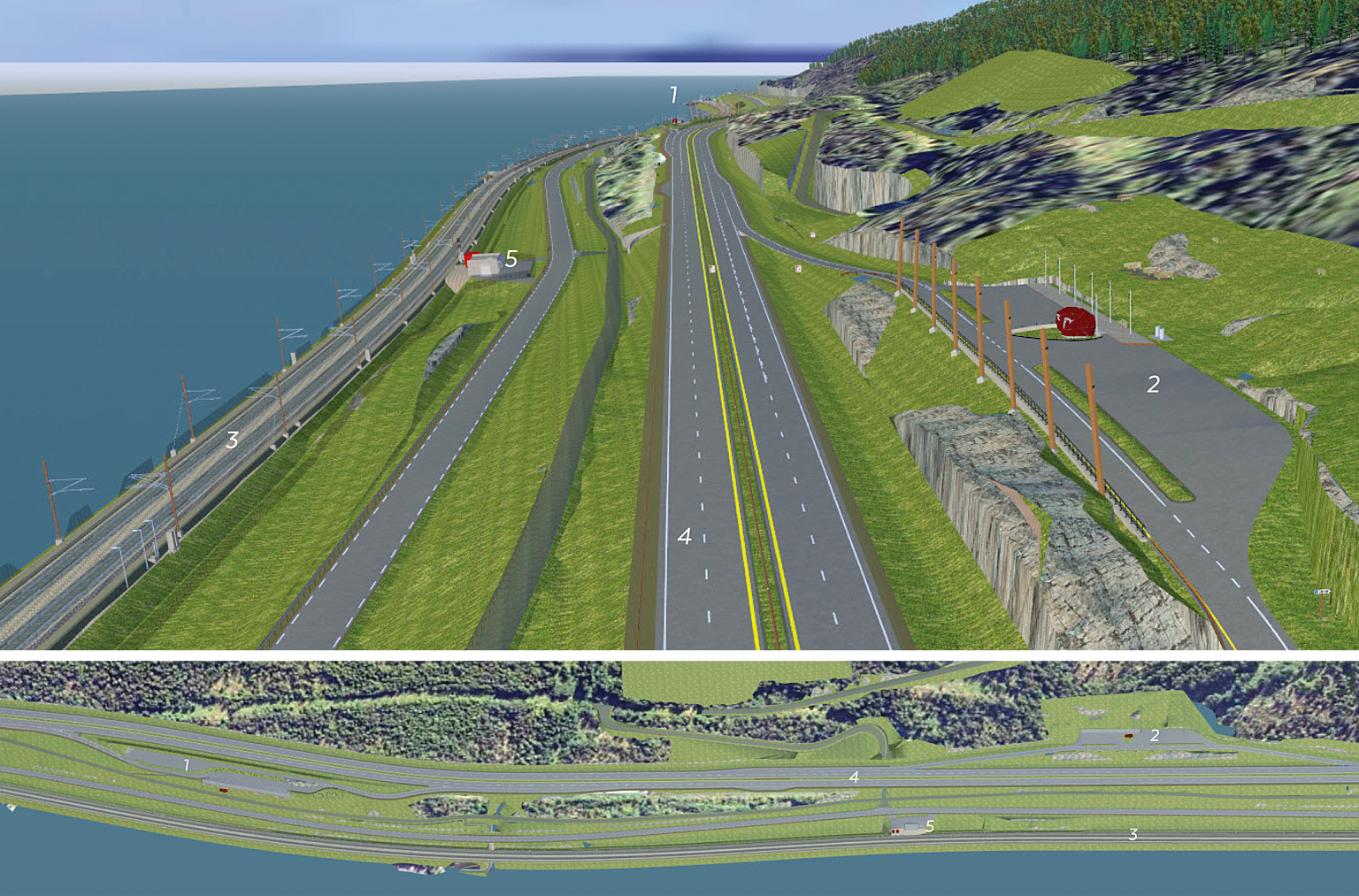 Perspektiv fra 3D-modell og plan over rasteplassene på Strandlykkja. 1. Rasteplass for sydgående retning. 2. Rasteplass for nordgående retning. 3. Jernbane. 4. E6. 5. Tekniske bygg.