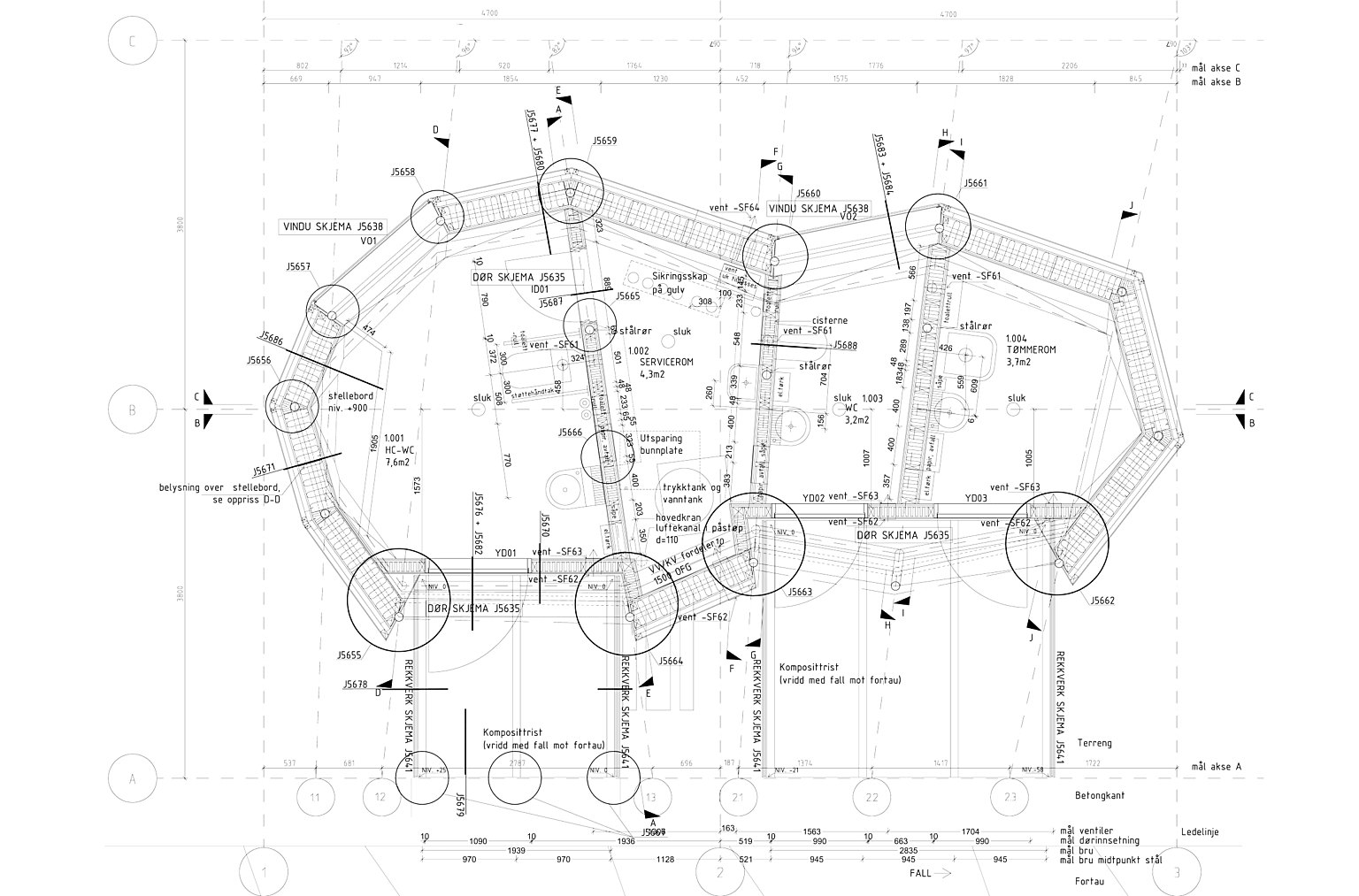 Plan av toalettbygg med servicerom, på sydgående rasteplass.