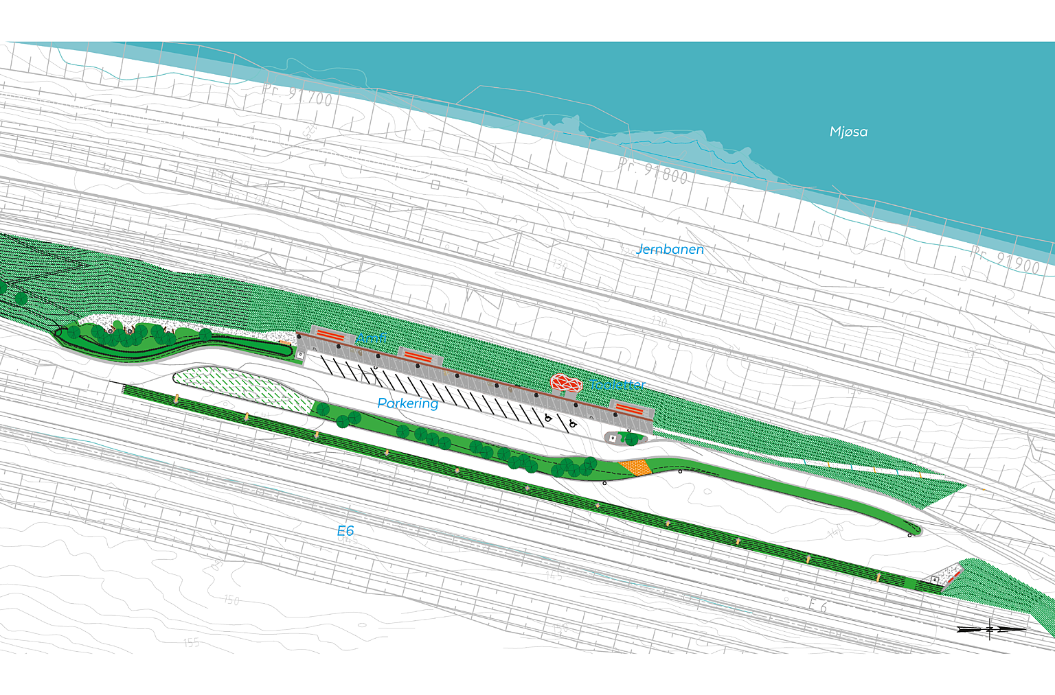 Plan over rasteplass, sydgående retning på E6.