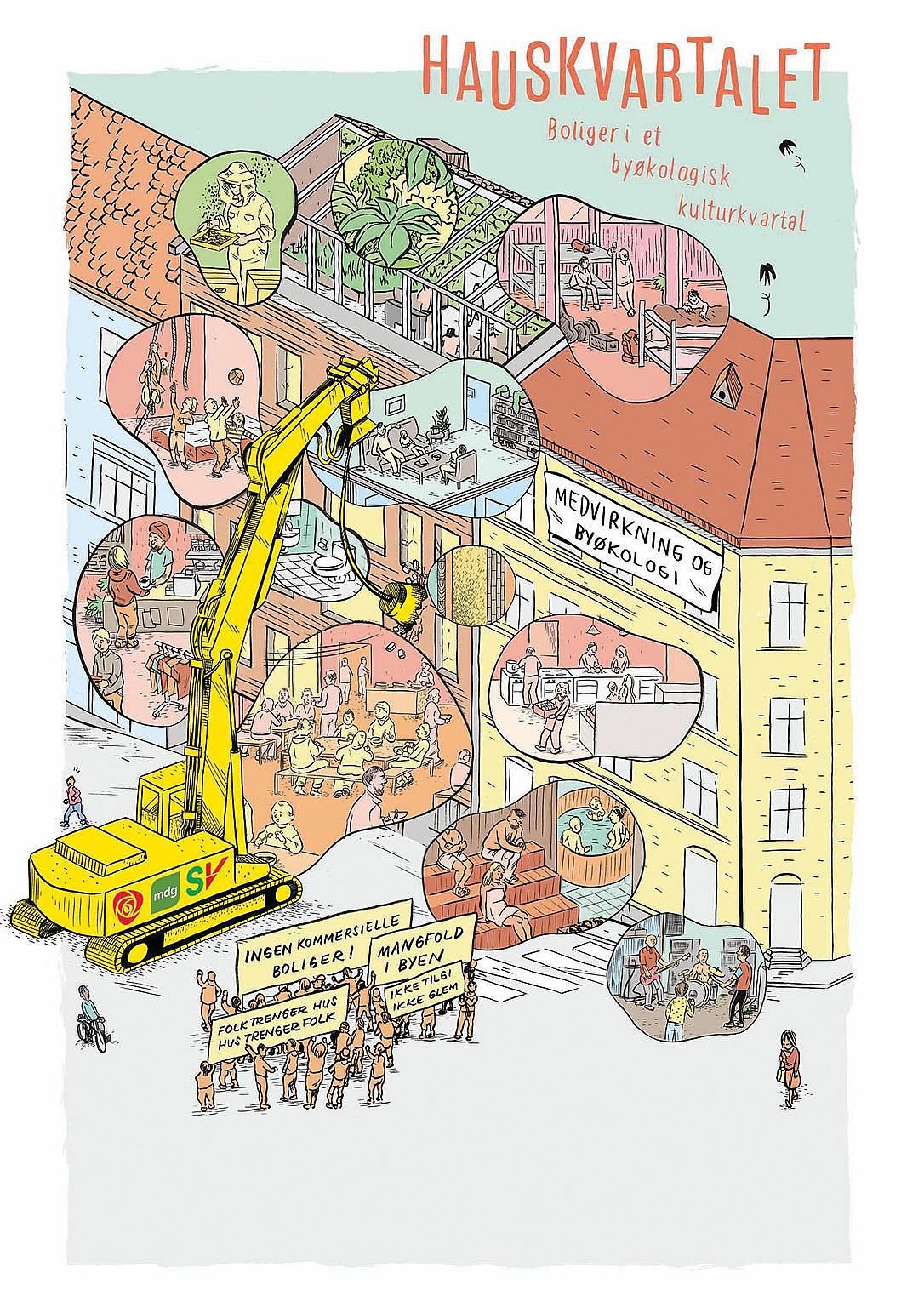 Fra tegneserien “Tett, ikke trangt” av Esben S. Titland, Joakim Skajaa og Arild Eriksen. Bearbeidet som en kommentar på det rødgrønne bystyrets støtte til salget av Hauskvartalet. Foto: Esben S. Titland, Joakim Skajaa og Arild Eriksen.
