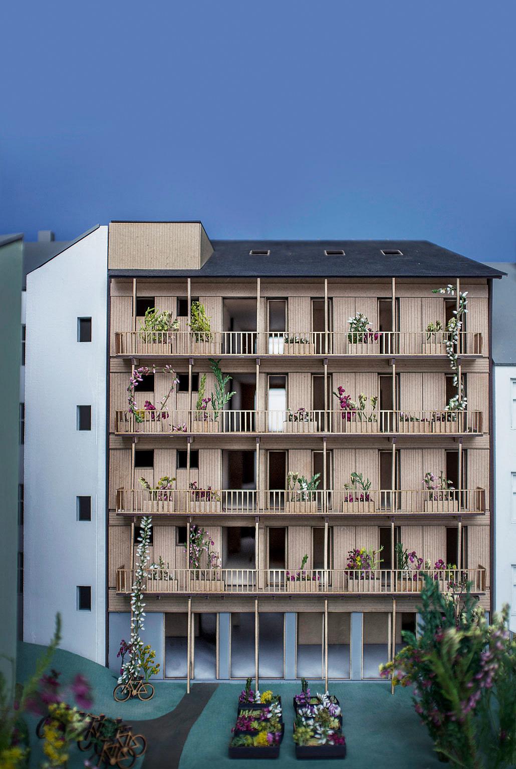 Modellbilde fra forprosjektet. Fasaden mot bakgården. Foto: Eriksen Skajaa Arkitekter AS