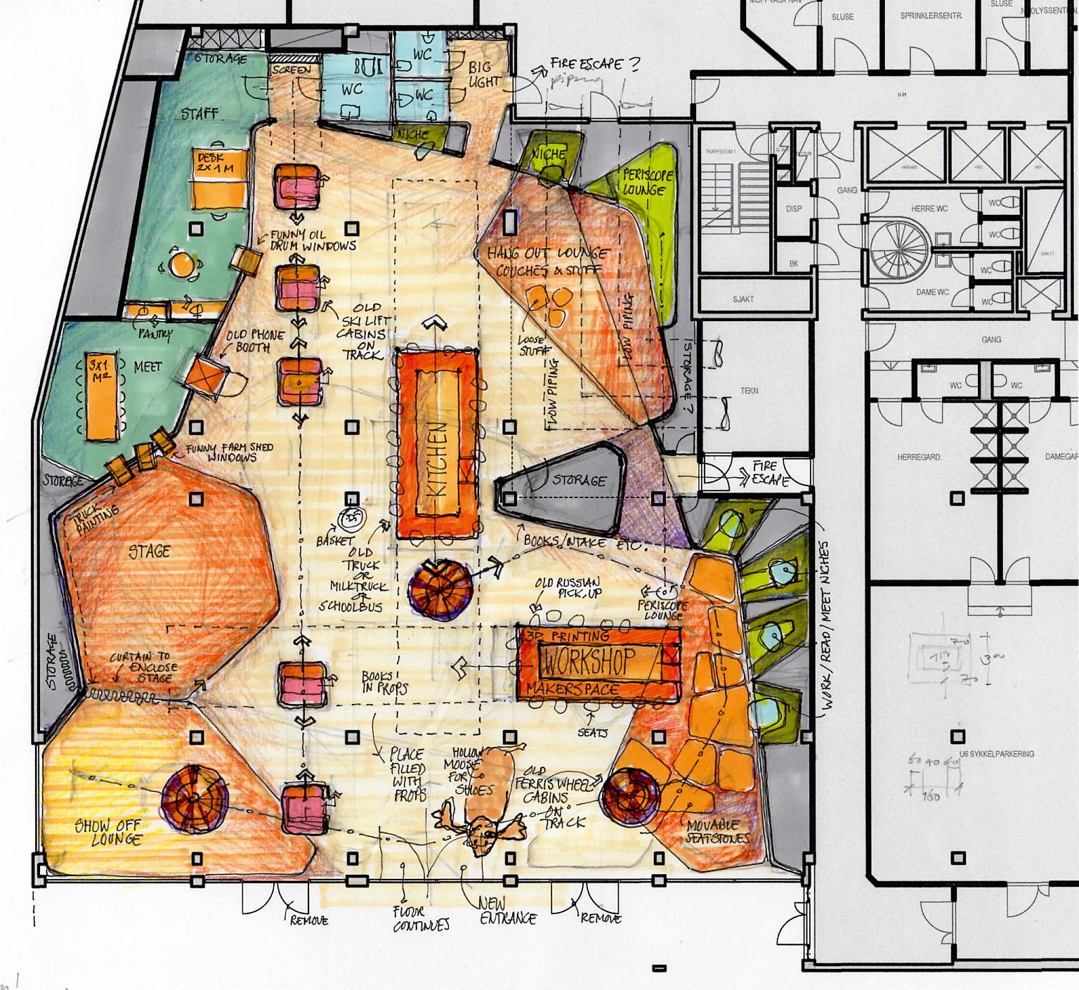 Interiørstudie. De forskjellige konseptområdene begynner å ta form.