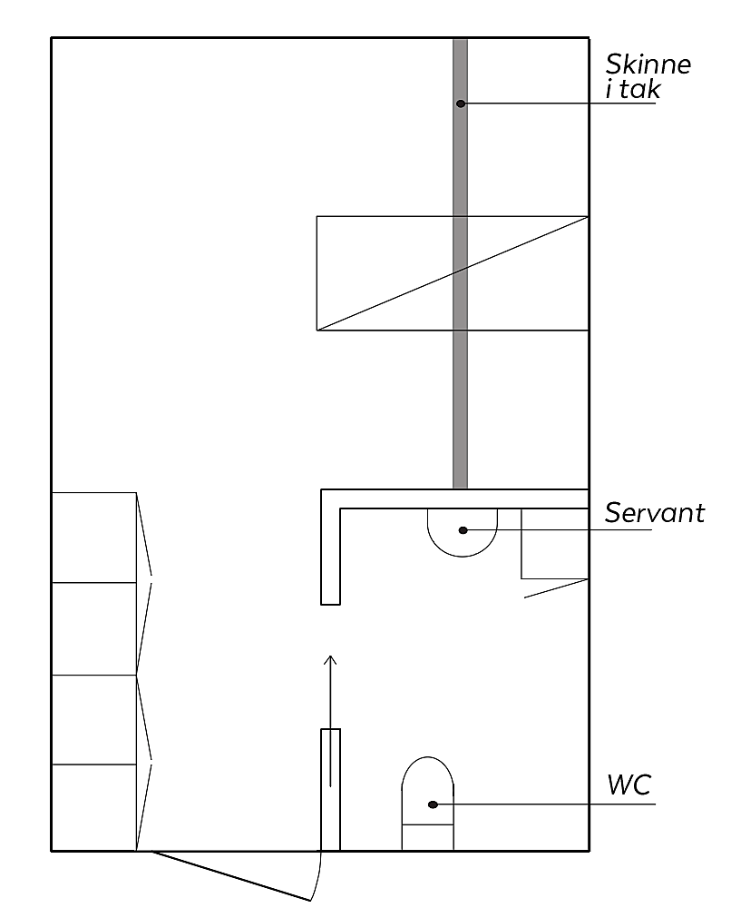 Fig. 6. Bueining med dør til bad i forgang og takheisskinne over seng