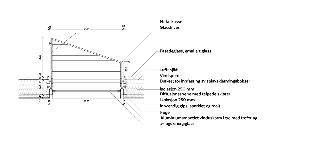 Horisontalsnitt, detalj av vindu med solavskjerming.