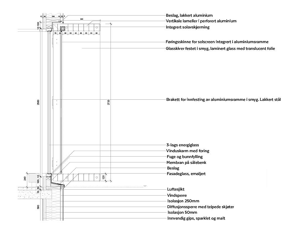Vertikalsnitt av vindu med solavskjerming.
