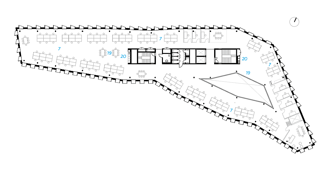 Plan 2.-4.- etasje. 1. Vestibyle, 2. Resepsjon, 3. Kantine, 4. Kjøkken, 5. Møterom, 6. Trimrom, 7. Kontor, 8. Garderobe, 9. Grovgarderobe, 10. Fingarderobe, lek, 11. Base, 12. Temarom, 13. Personalrom, 14. Stellerom, 15. Garderobe med dusj, 16. Bod, 17. Overdekket areal, 18. Uteområde for barnehagen.,19. Felles, 20. Tekjøkken