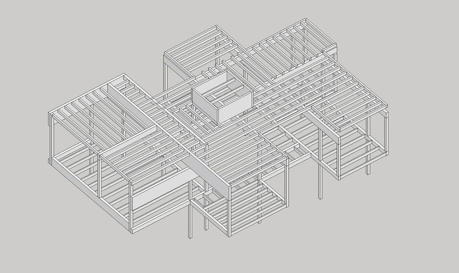 Elementene i trekonstruksjonen, bjelker og søyler, er ikke standardiserte, men dimensjonert ut fra den lasten de faktisk bærer.