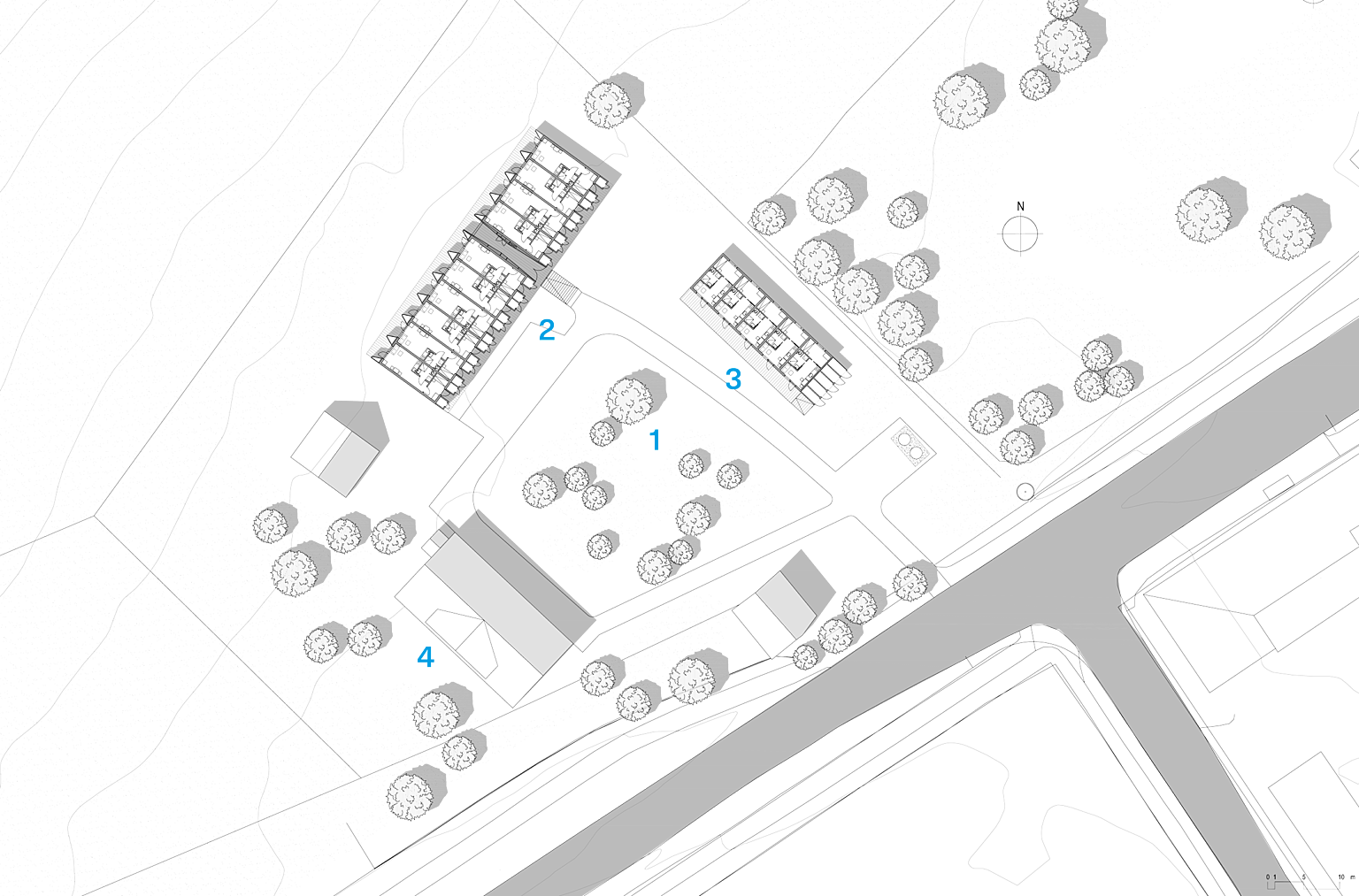 Situasjonsplan. 1. Tunet, 2. Boliger i Låven. 3. Boliger i Vognskjulet. 4. Våningshuset med fellesarealer.
