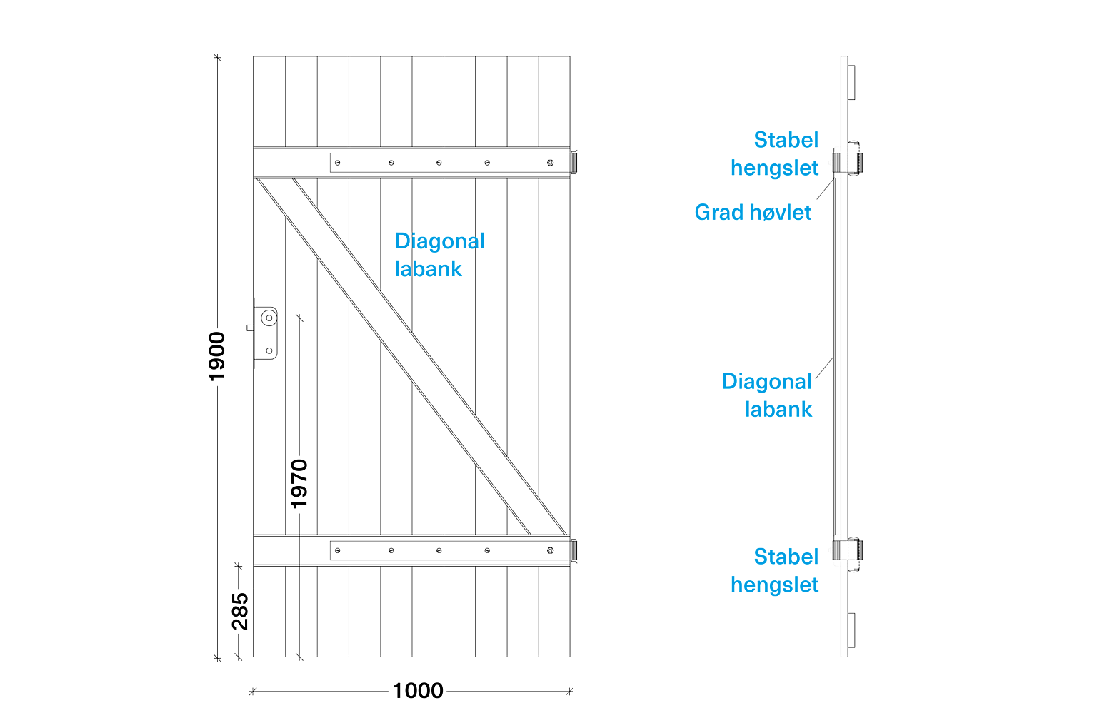 Utsnitt av arbeidstegning. Oppriss og snitt av dørlem, skodde.