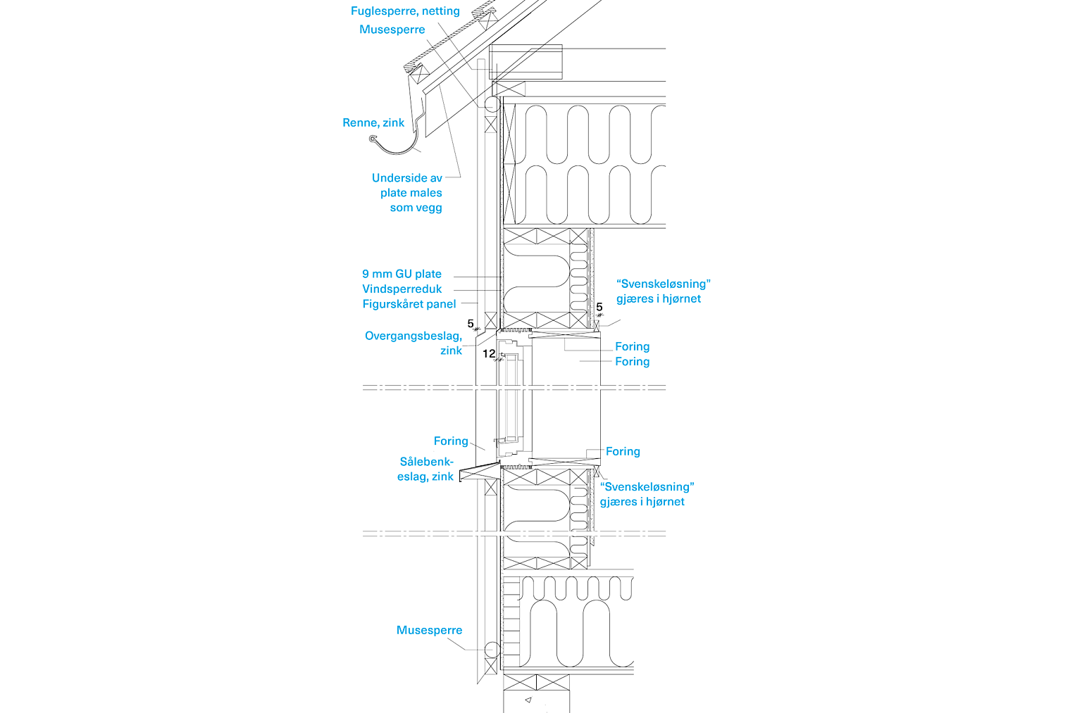 Detaljsnitt gjennom yttervegg, Vognskjulet.