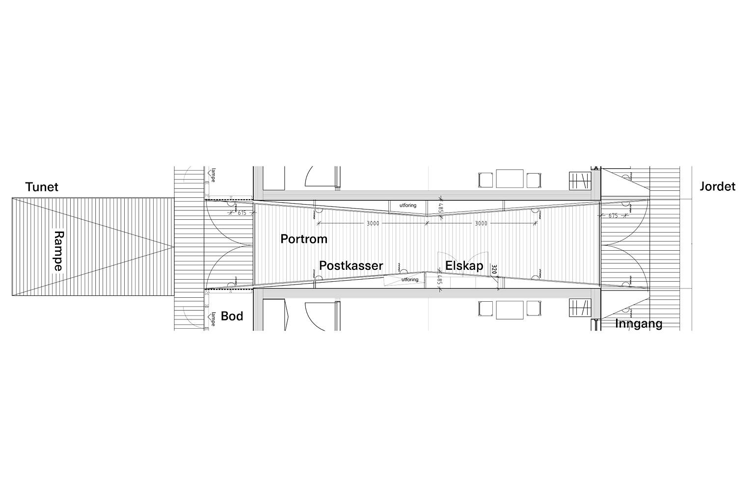 Utsnitt av arbeidstegning. Plan gjennom portrommet, “Låvetunellen”.