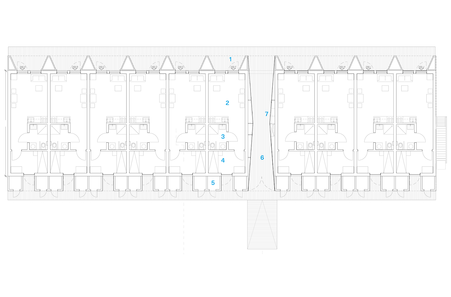Plan for ti leiligheter i Låven. 1. Inngang, 2. Stue/kjøkken, 3. Bad, 4. Sov, 5. Bod, 6. Portrom, 7. Postkasser.