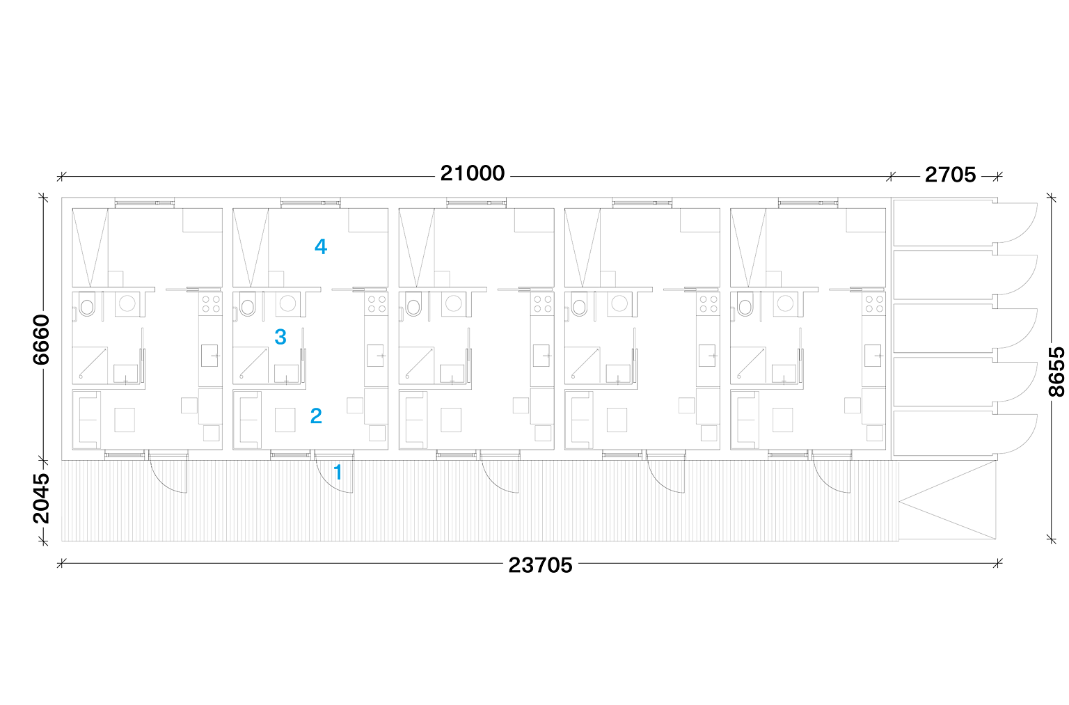 Plan for fem leiligheter i Vognskjulet. 1. Inngang, 2. Stue/kjøkken, 3. Bad, 4. Sov.