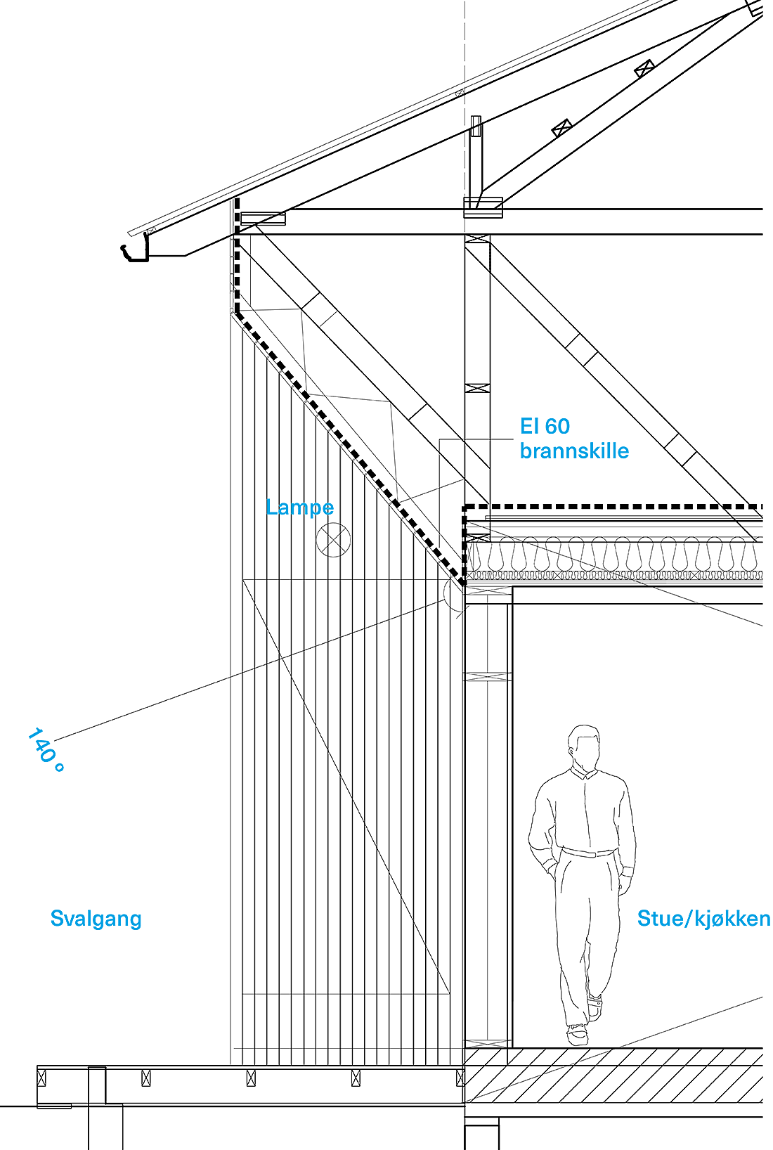 Låven. Utsnitt av arbeidstegning, snitt gjennom yttervegg.