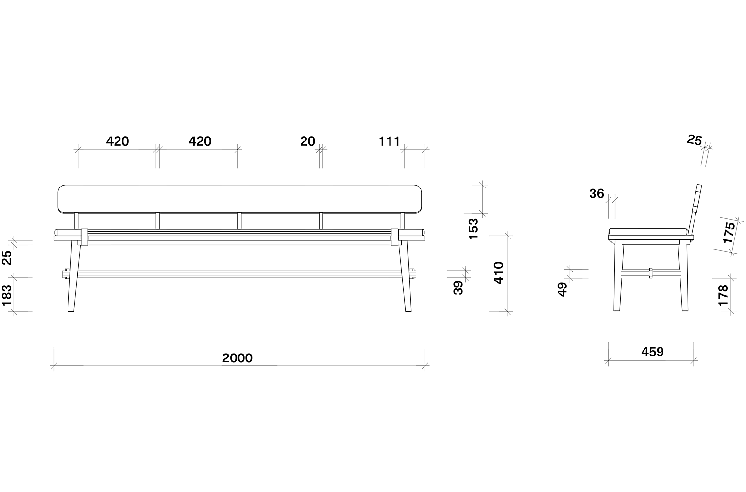 Benk 3-seter, oppriss forfra og fra siden.