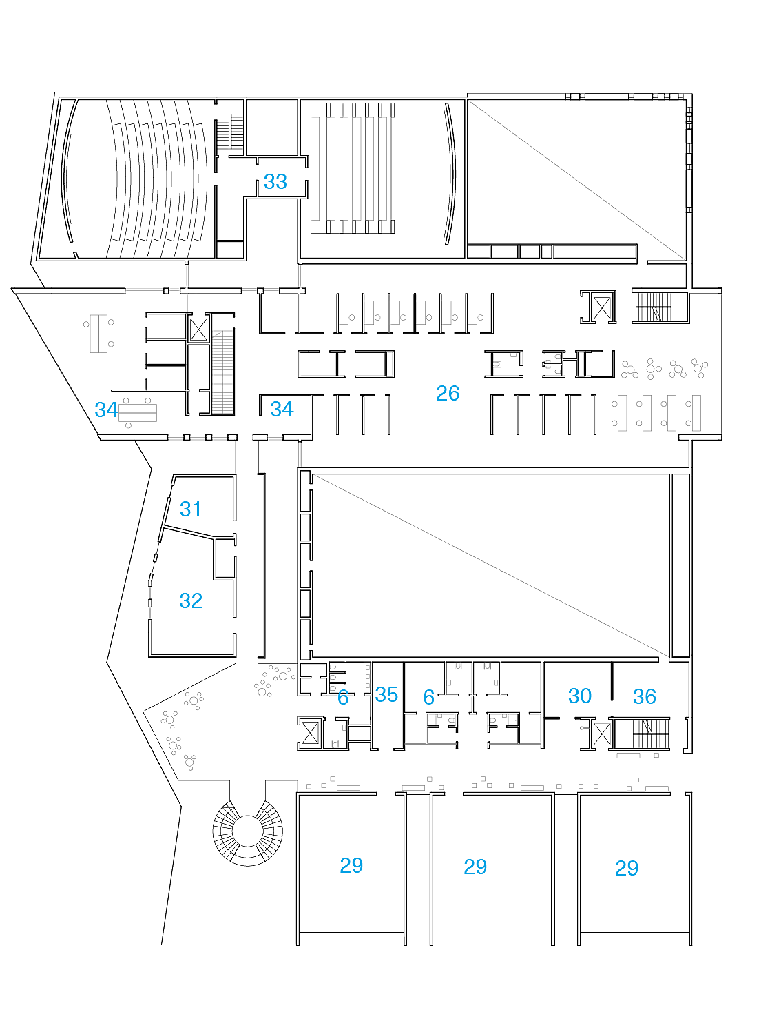 Plan 3. etasje. 1. Hovedinngang 2. Resepsjon 3. Bibliotek 4. Ungdommens hus 5. Store sal 6. Garderobe 7. Butikk 8. Kafé 9. Galleri 10. Kinovestibyle 11. Kammersal 12. Innlasting, lager 13. Sceneteknikk 14. Kirkerom 15. Vestibyle 16. Dåpsrom- og sakristi 17. Digisal 18. Greenroom 19. Garderobe 20. Servering 21. Slagverk 22. Vokal og messing 23. Blåsere 24. Gitar 25. Samspill 26. Kontorer 27. Newton-rom 28. Elektro 29. Dans 30. Kjøkken 31. Fiolin 32. Verksted 33. Teknisk rom 34. Møte 35. Kontor, butikk 36. Lager.