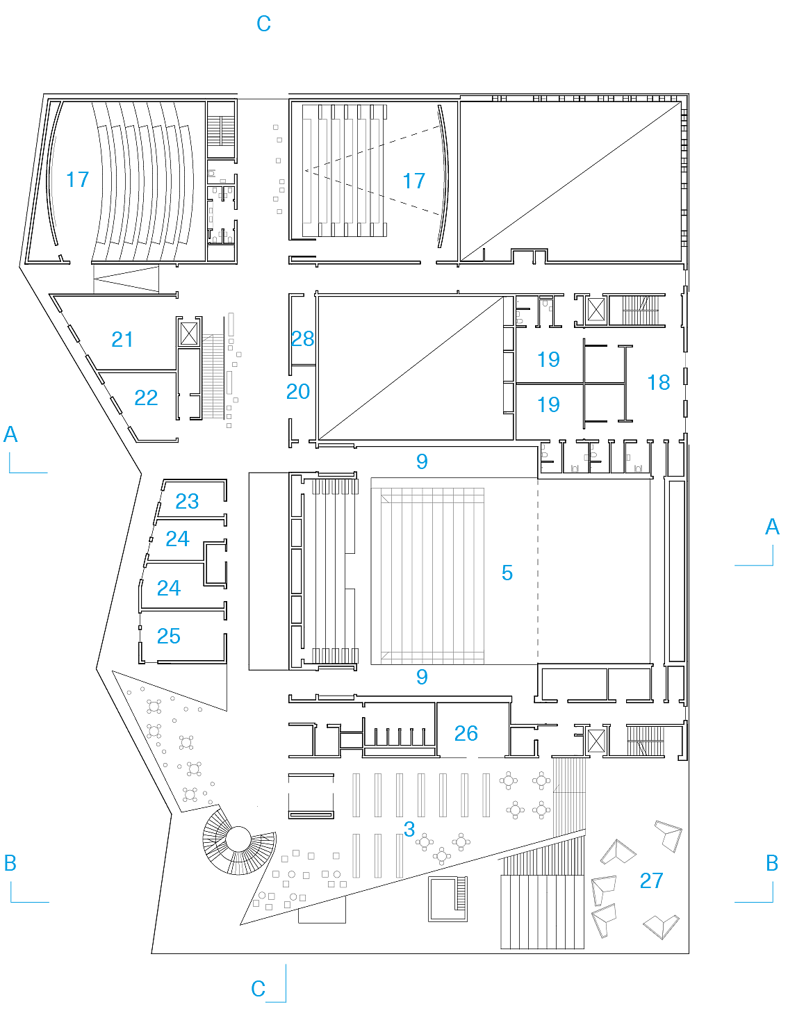 Plan 2. etasje. 1. Hovedinngang 2. Resepsjon 3. Bibliotek 4. Ungdommens hus 5. Store sal 6. Garderobe 7. Butikk 8. Kafé 9. Galleri 10. Kinovestibyle 11. Kammersal 12. Innlasting, lager 13. Sceneteknikk 14. Kirkerom 15. Vestibyle 16. Dåpsrom- og sakristi 17. Digisal 18. Greenroom 19. Garderobe 20. Servering 21. Slagverk 22. Vokal og messing 23. Blåsere 24. Gitar 25. Samspill 26. Kontorer 27. Newton-rom 28. Elektro 29. Dans 30. Kjøkken 31. Fiolin 32. Verksted 33. Teknisk rom 34. Møte 35. Kontor, butikk 36. Lager.