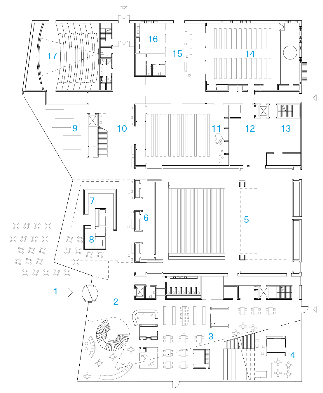 Plan 1. etasje. 1. Hovedinngang 2. Resepsjon 3. Bibliotek 4. Ungdommens hus 5. Store sal 6. Garderobe 7. Butikk 8. Kafé 9. Galleri 10. Kinovestibyle 11. Kammersal 12. Innlasting, lager 13. Sceneteknikk 14. Kirkerom 15. Vestibyle 16. Dåpsrom- og sakristi 17. Digisal 18. Greenroom 19. Garderobe 20. Servering 21. Slagverk 22. Vokal og messing 23. Blåsere 24. Gitar 25. Samspill 26. Kontorer 27. Newton-rom 28. Elektro 29. Dans 30. Kjøkken 31. Fiolin 32. Verksted 33. Teknisk rom 34. Møte 35. Kontor, butikk 36. Lager.