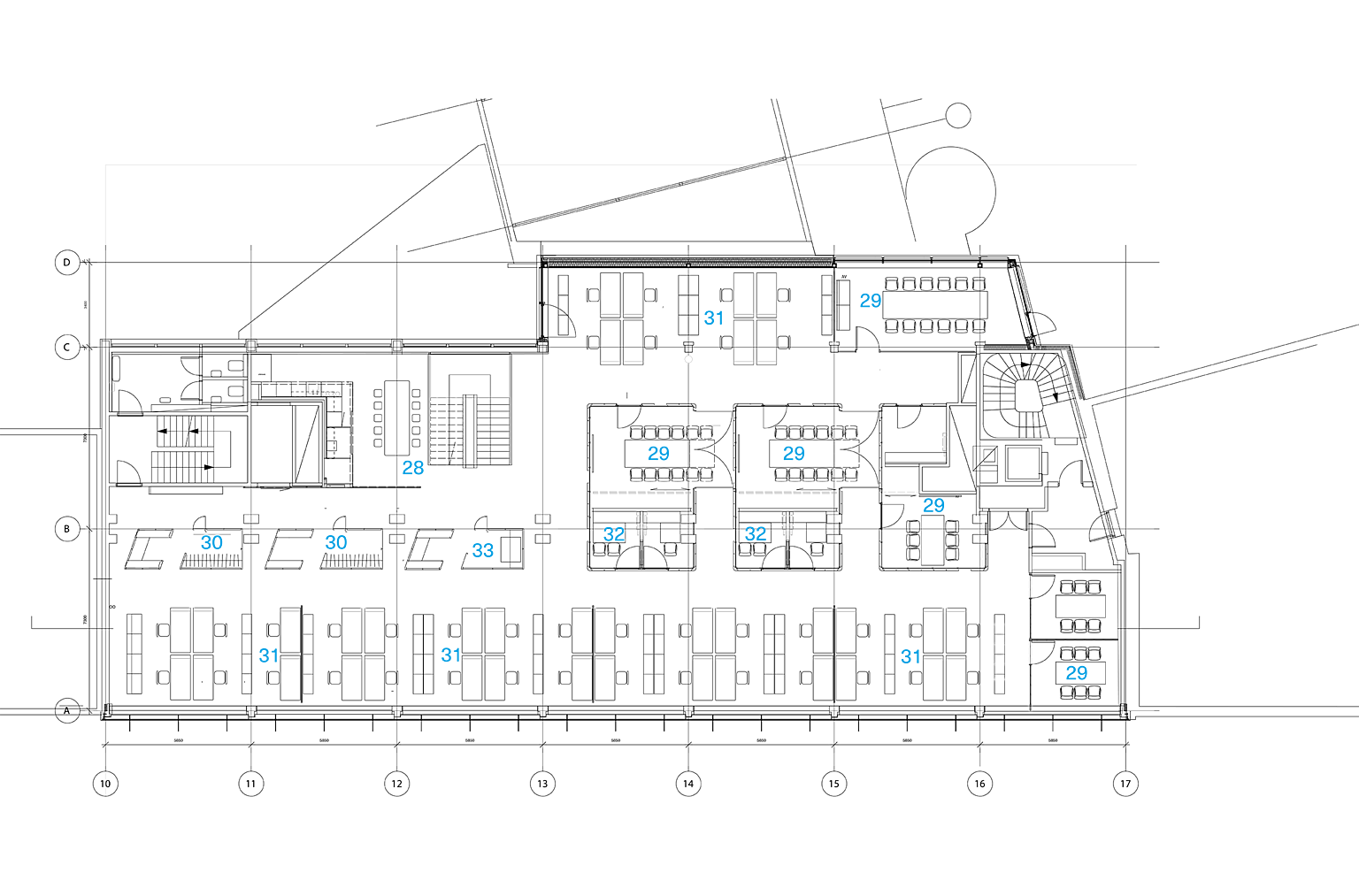 Plan 3. etasje, typisk etasje 28. Sosial sone, kaffestasjon, 29. Møterom, 30. Åpne garderober, 31. Arbeidsplasser, 32. Samtalerom, 33. Kopirom.