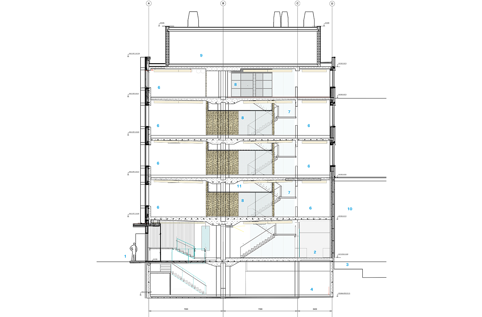 Sofienberggaten 19, kortsnitt. Sofienberggaten til venstre. 1. Hovedinngang, 2. Kantinekjøkken, 3. Varelevering via rampe. 4. Garderobe, lager, 5. Lesesal, 6. Arbeidsplasser, 7. Interntrapp, 8. Møterom, 9. Teknisk rom, 10. Eksisterende emballasjebygg. 11. Ventilasjon.