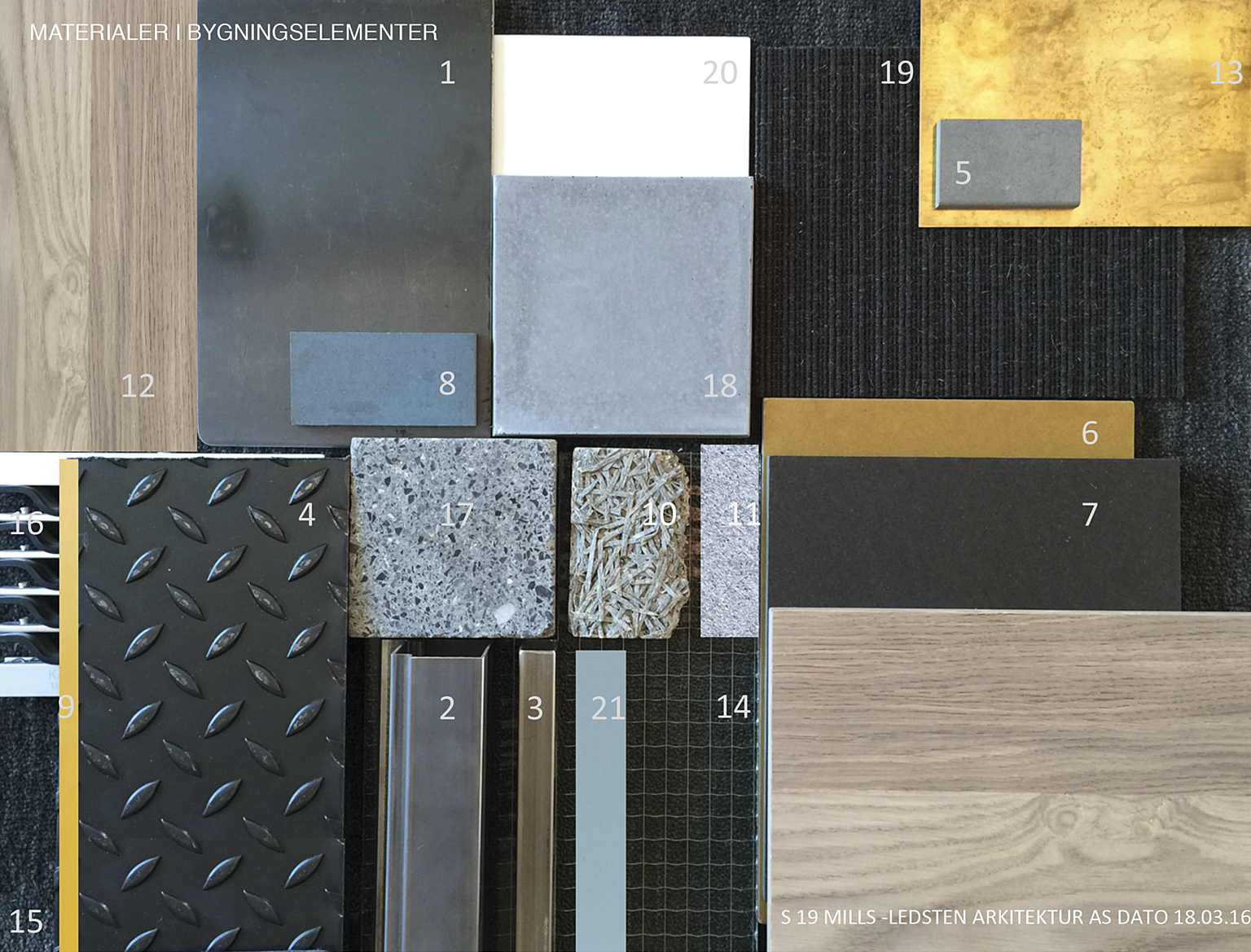 Materialplansje med hovedmaterialene i interiøret. 1. Varmvalset råstål med owatrolbehandling, 2. Råstål, 3. Børstet rustfritt stål, 4. Råstål dørkeplate, 5. Valcromat lys grå klarlakkert, 6. Valcromat gul klar- lakkert, 7. Valcromat mørk grå klarlakkert, 8. Valcromat med farget vannbeis, klarlakkert, 9. Gul RAL lakkfarge, 10. Treulit lys grå, 11. Akustisk himlingsplate, 12. Eik, finér og heltre, 13. Messingplater, 14. Trådglass, 15. Matte, 16. Matte med gummiriller, 17. Betong, ny og gammel, 18. Ny betong, svakt hvitpigmentert, 19. Ribbeteppe, ull, 20. Hvite fliser.