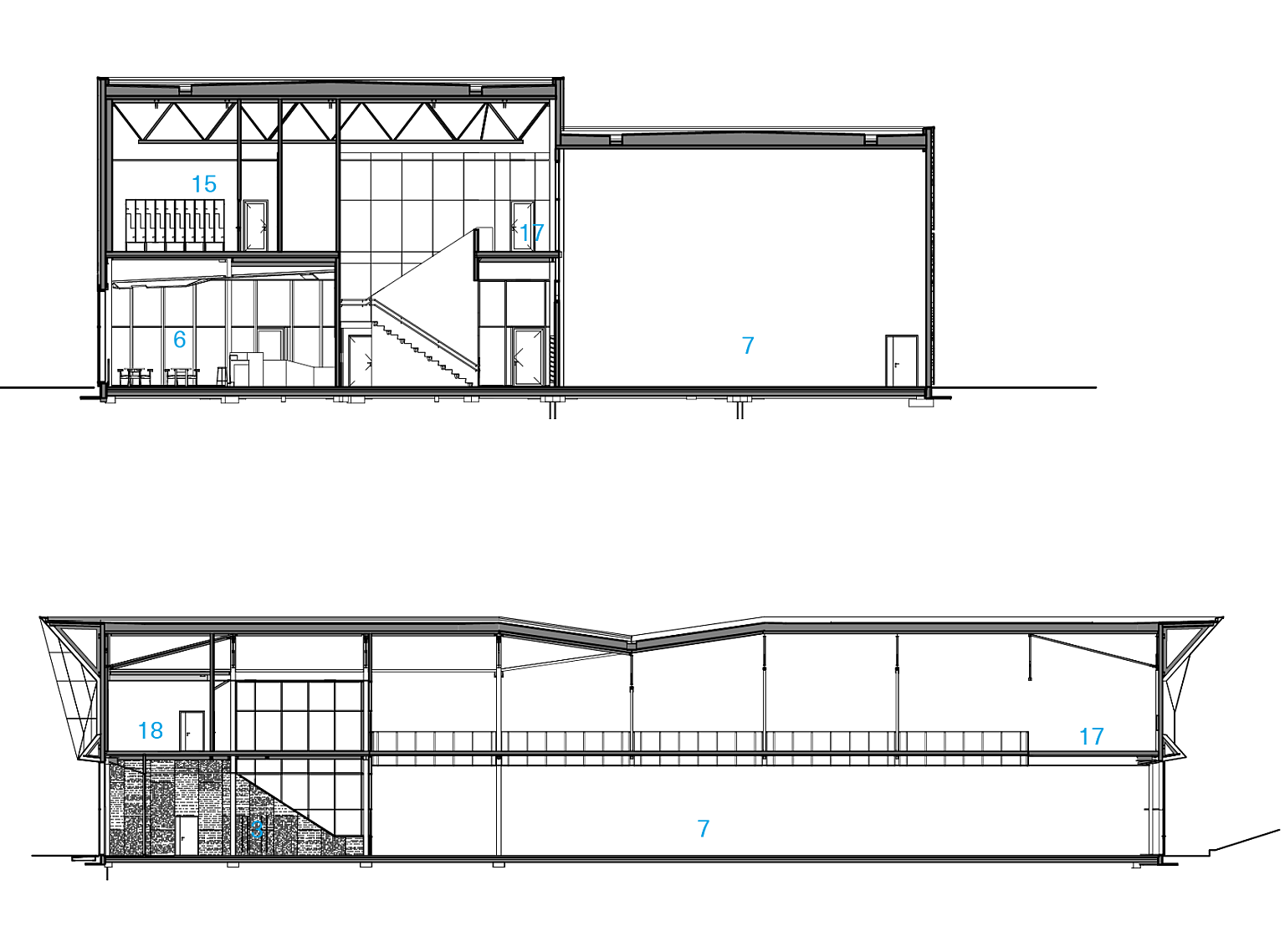 Snitt. 3. Lobby 6. Kafé 7. Skatehall 15. Garderober 17. Gangareal 18. Aktivitetsrom.