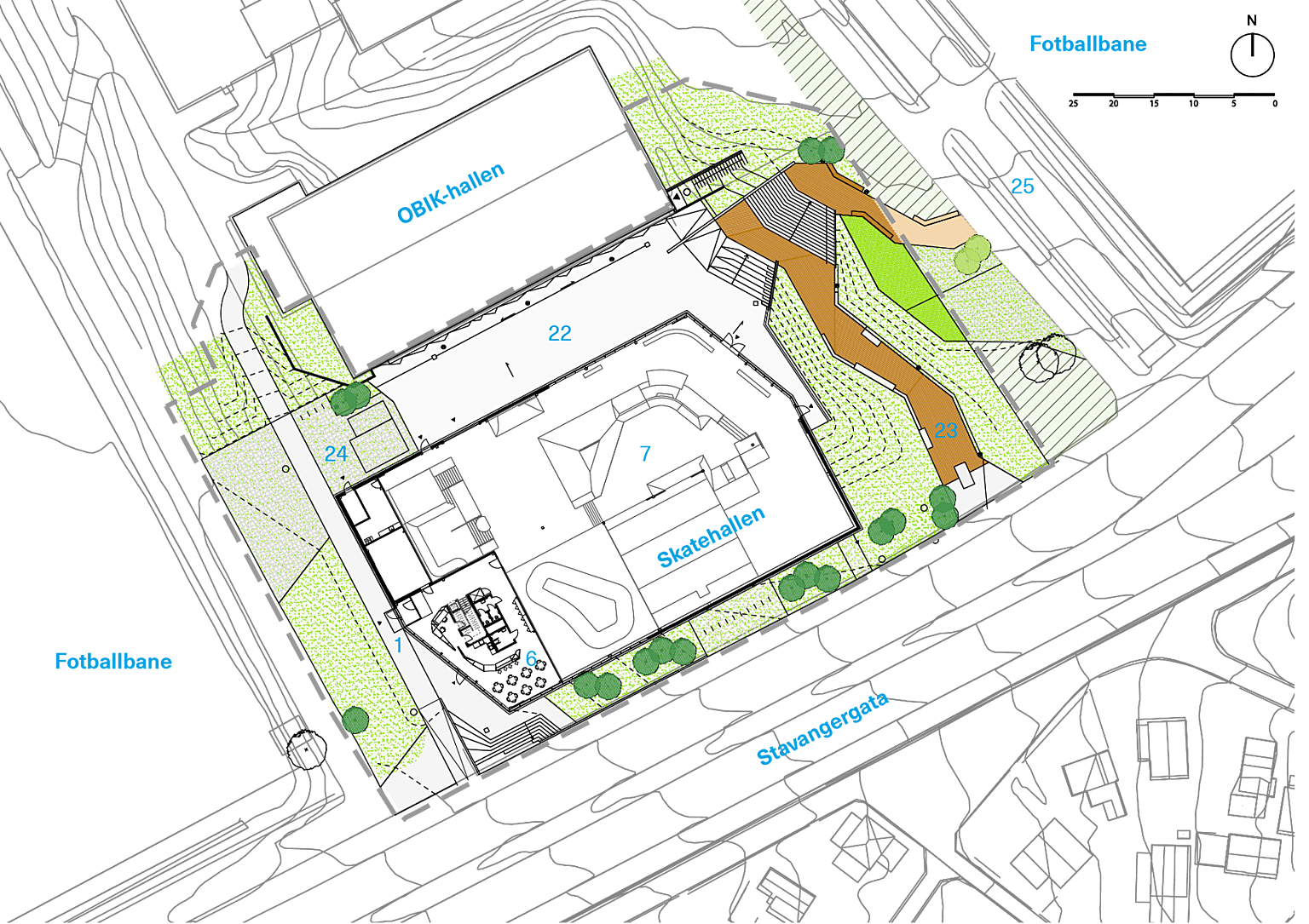 Situasjonsplan. I tillegg til de 2300 kvm med innendørs skatehall består landskapsplanen, utarbeidet av Rambøll, av ytterligere 640 kvm utendørs skatepark. 1. Hovedinngang 6. Kafé 7. Skatehall 22. Skateareal 23. Opphold og skateareal 24. Parkering 25. Turvei