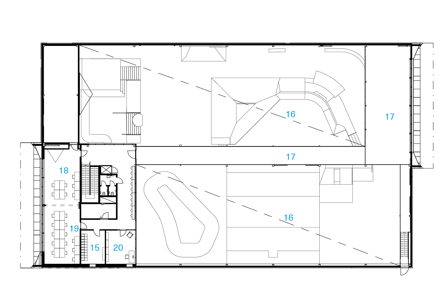 Plan 2. etasje. 15. Garderober Åpent ned 17. Gangareal 18. Aktivitetsrom 19. Mediarom 20. Driftsrom