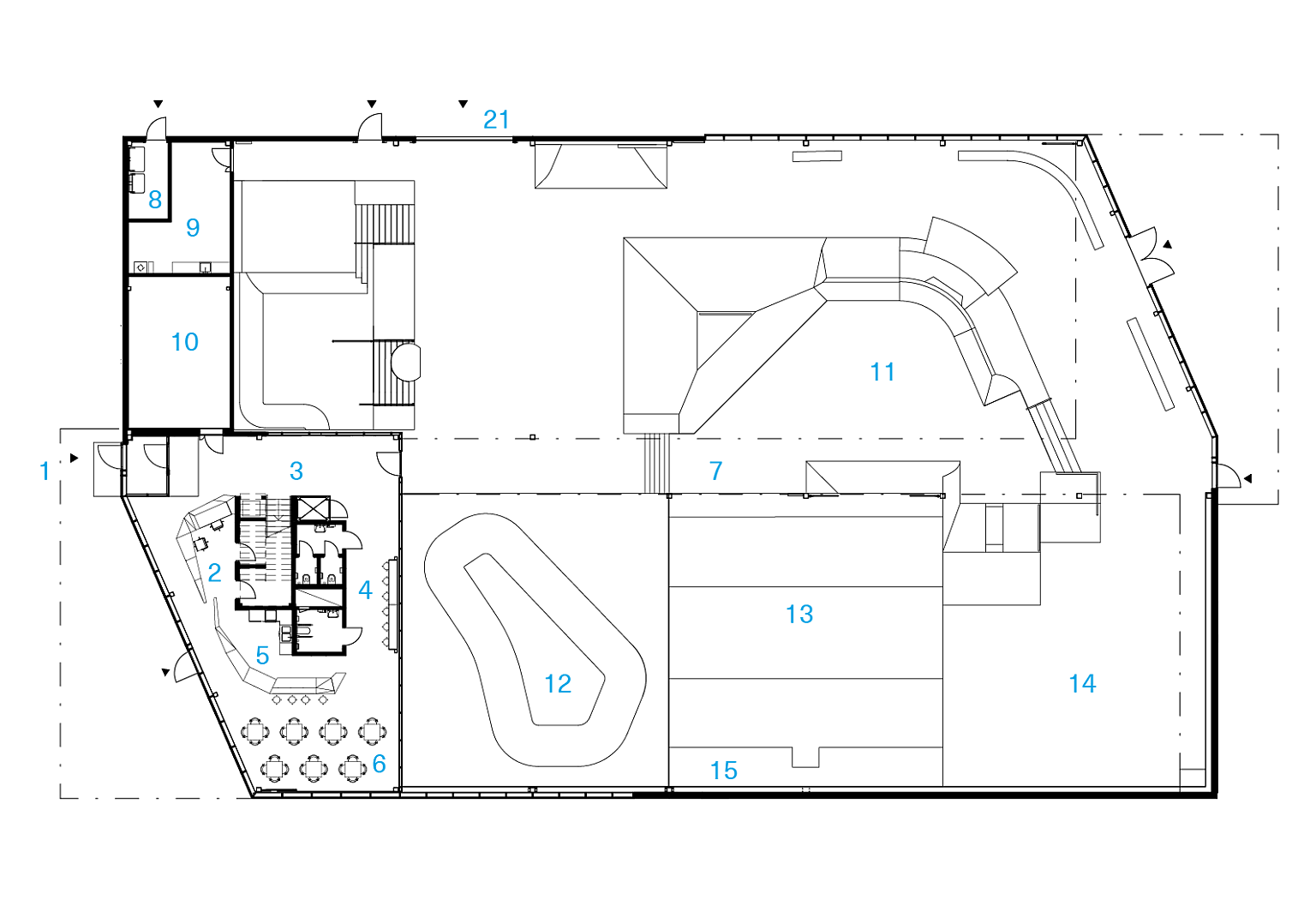Plan 1. etasje. 1. Hovedinngang 2. Resepsjon 3. Lobby 4. Ventesone 6. Kafé 7. Skatehall 8. Avfallsrom 10. Teknisk rom 11. Street 12. Bowl 13. Vert 14. Minirampe 15. Garderober 21. Port