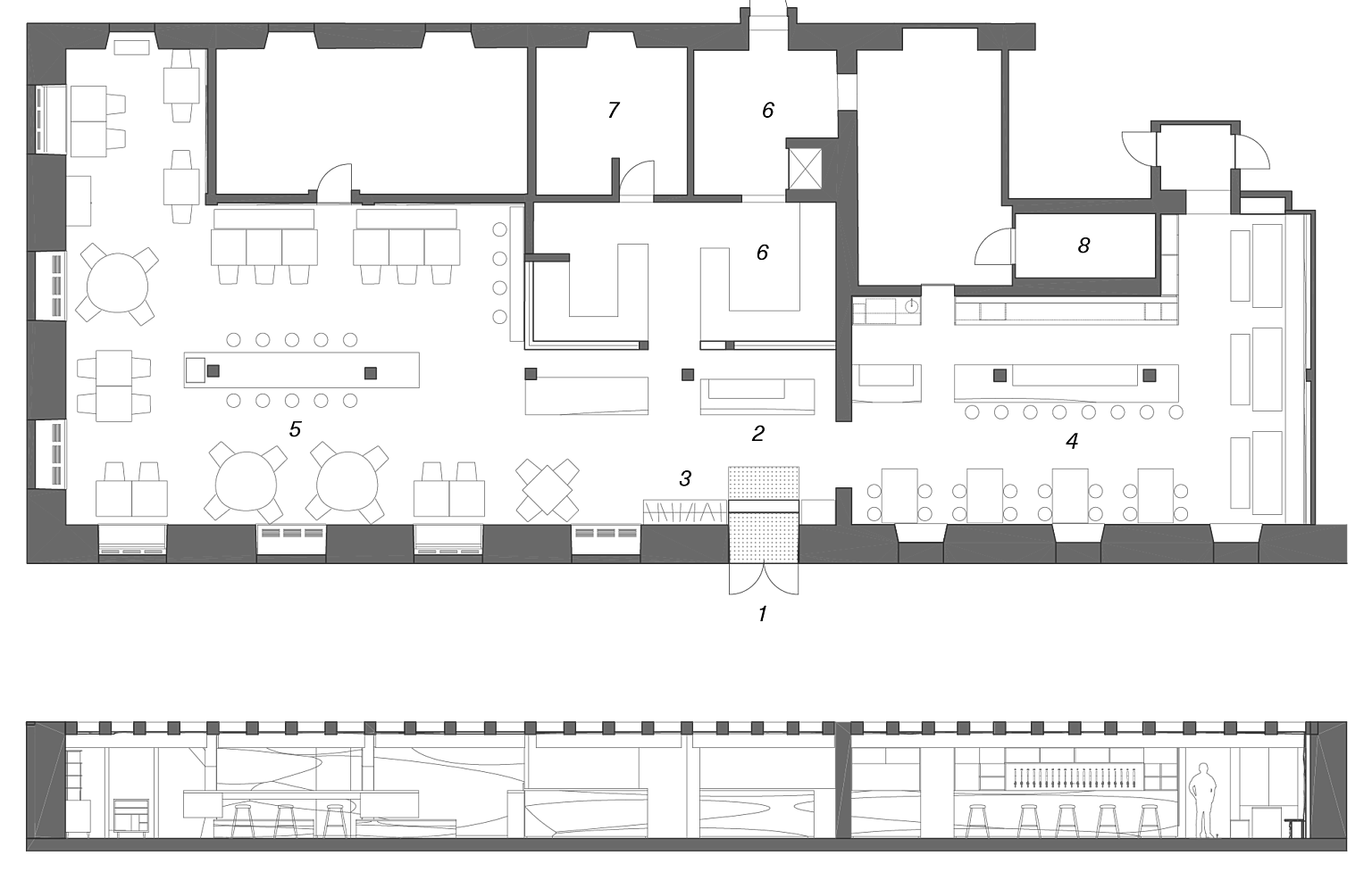 Plan og snitt. 1. Inngang, 2. Resepsjon, 3. Garderobe, 4. Lounge, 5. Restaurant, 6. Kjøkken, 7. Oppvaskrom, 8. Kjølerom