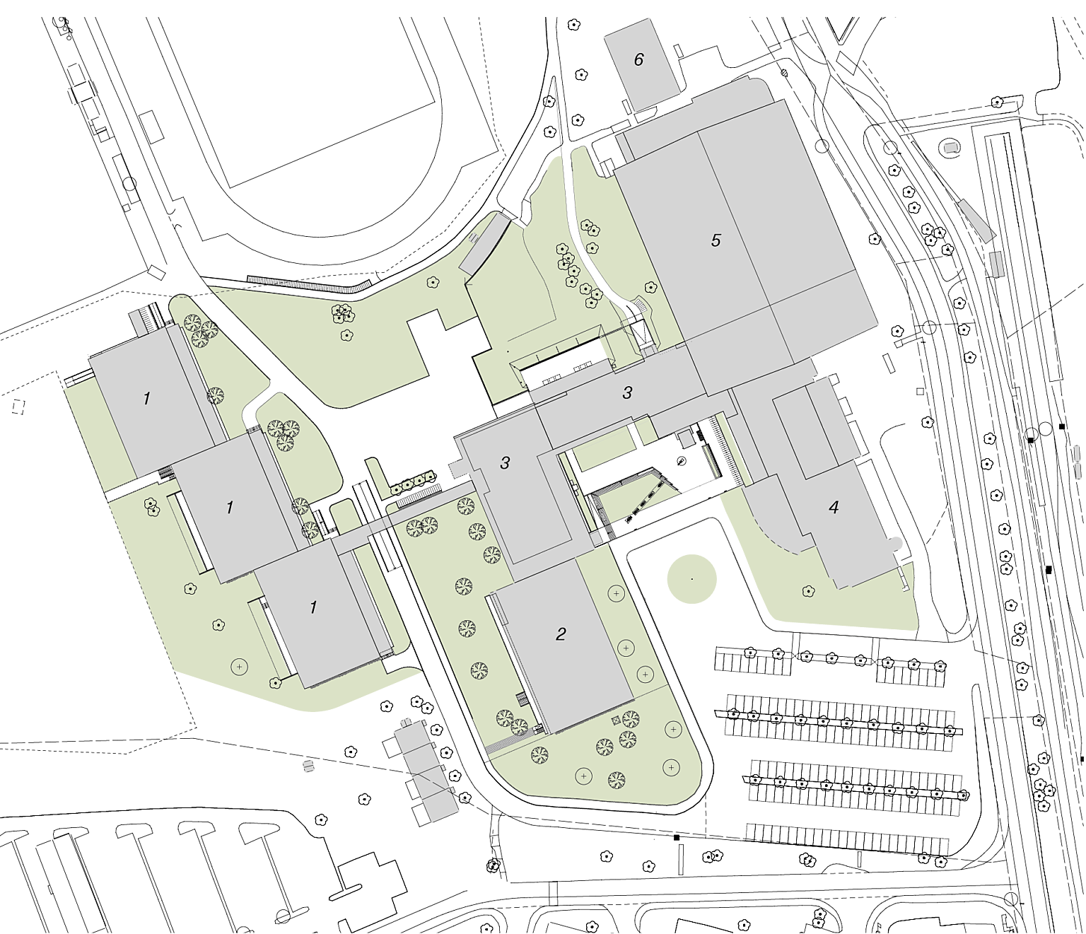 Situasjonsplan,1. gymbyggene, 2. svømmehallbygg, 3. sentral- og vestibylebygg, 4. undervisnings- og forskningsbygg, 5. idrettshallen, 6. internatet.